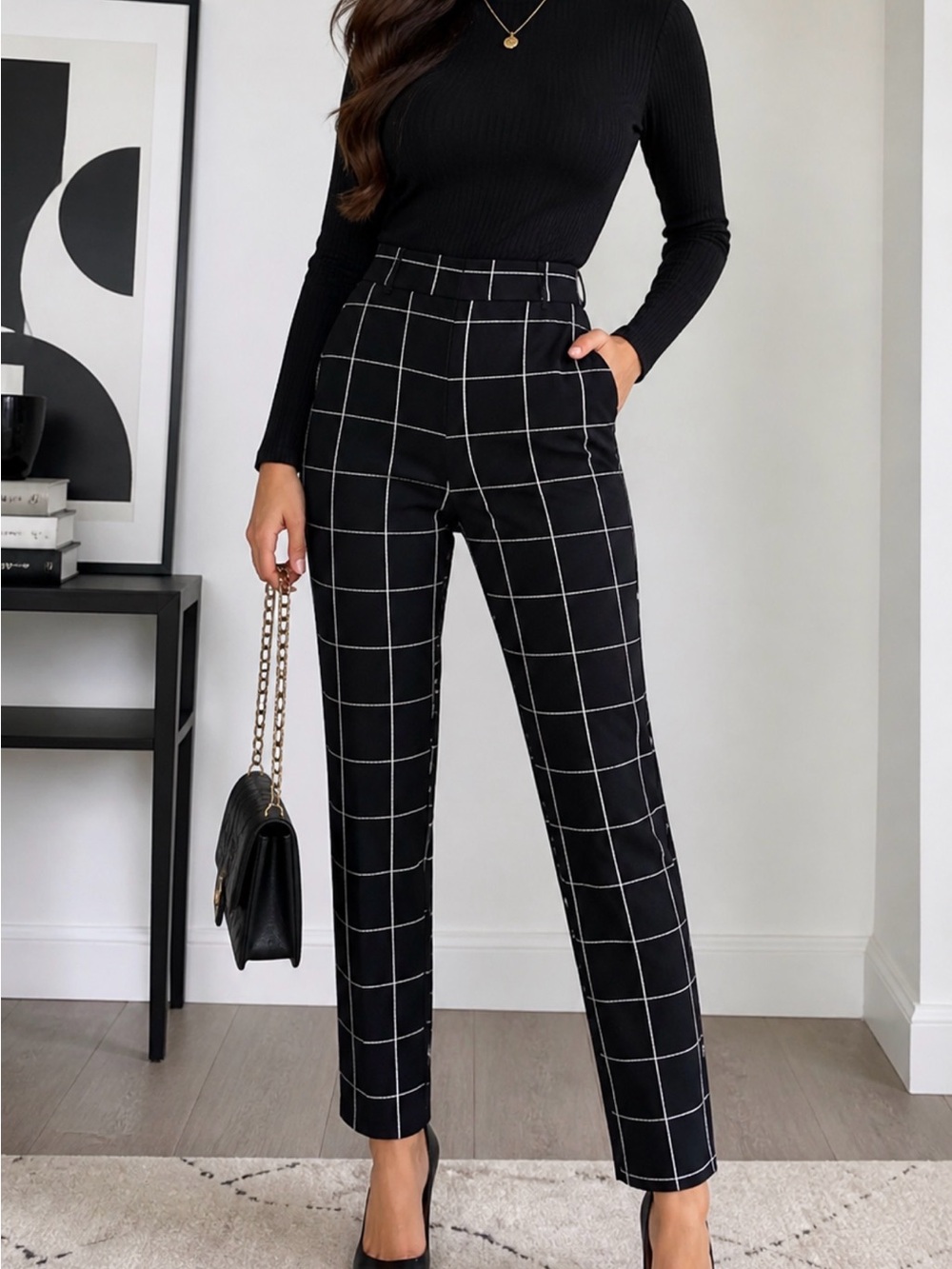 SHEIN Black Windowpane Dress Pants